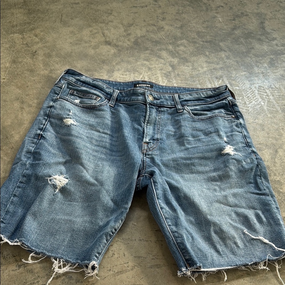 Express Men's Light Blue Ripped Jean Shorts